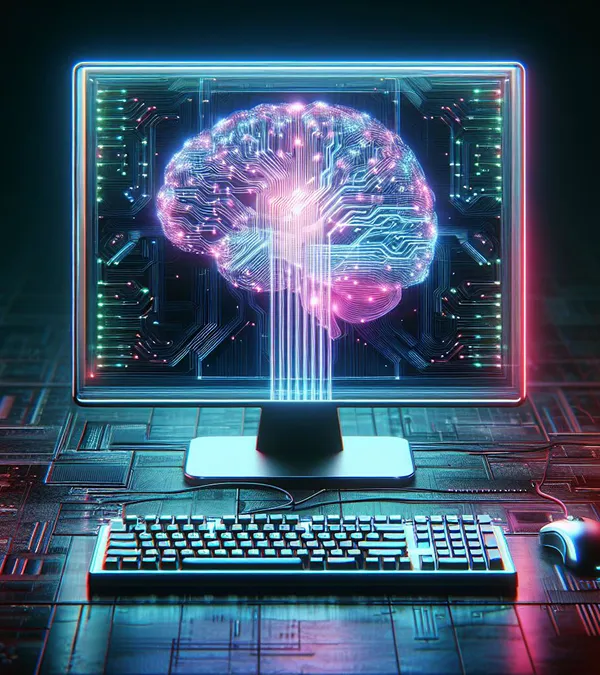 Imagem representando uma sessão sobre ChatGPT, com um cérebro digital sobre um teclado, simbolizando o uso da IA do básico ao avançado.