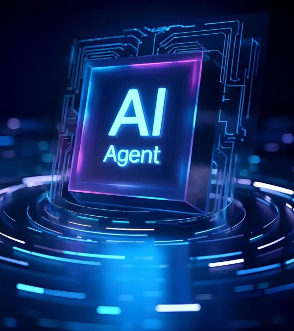 Imagem de um cubo com a inscrição "AI Agent", ilustrando a sessão sobre coleta de dados e criação de agentes de inteligência artificial.