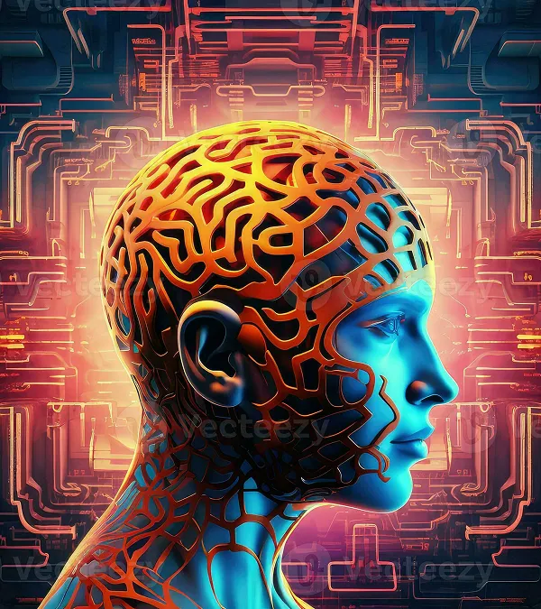 Ilustração de um cérebro integrado a um rosto humano, representando o treinamento de chatbots personalizados com IA.