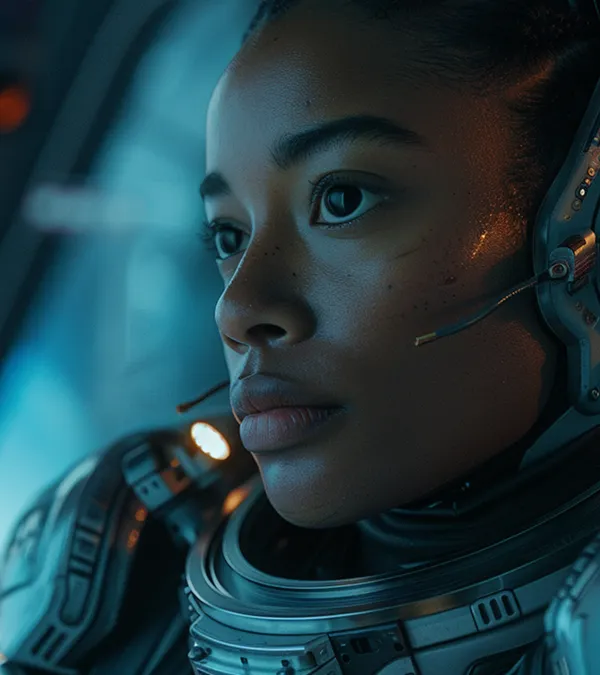 Imagem de uma mulher em ambiente futurista, simbolizando a criação de conteúdo visual profissional com inteligência artificial.